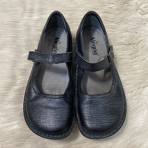 Alegria Belle Black Metallic Grid Silver Mary Jane Wide Toe Box Comfort Shoes - Picture 2 of 10